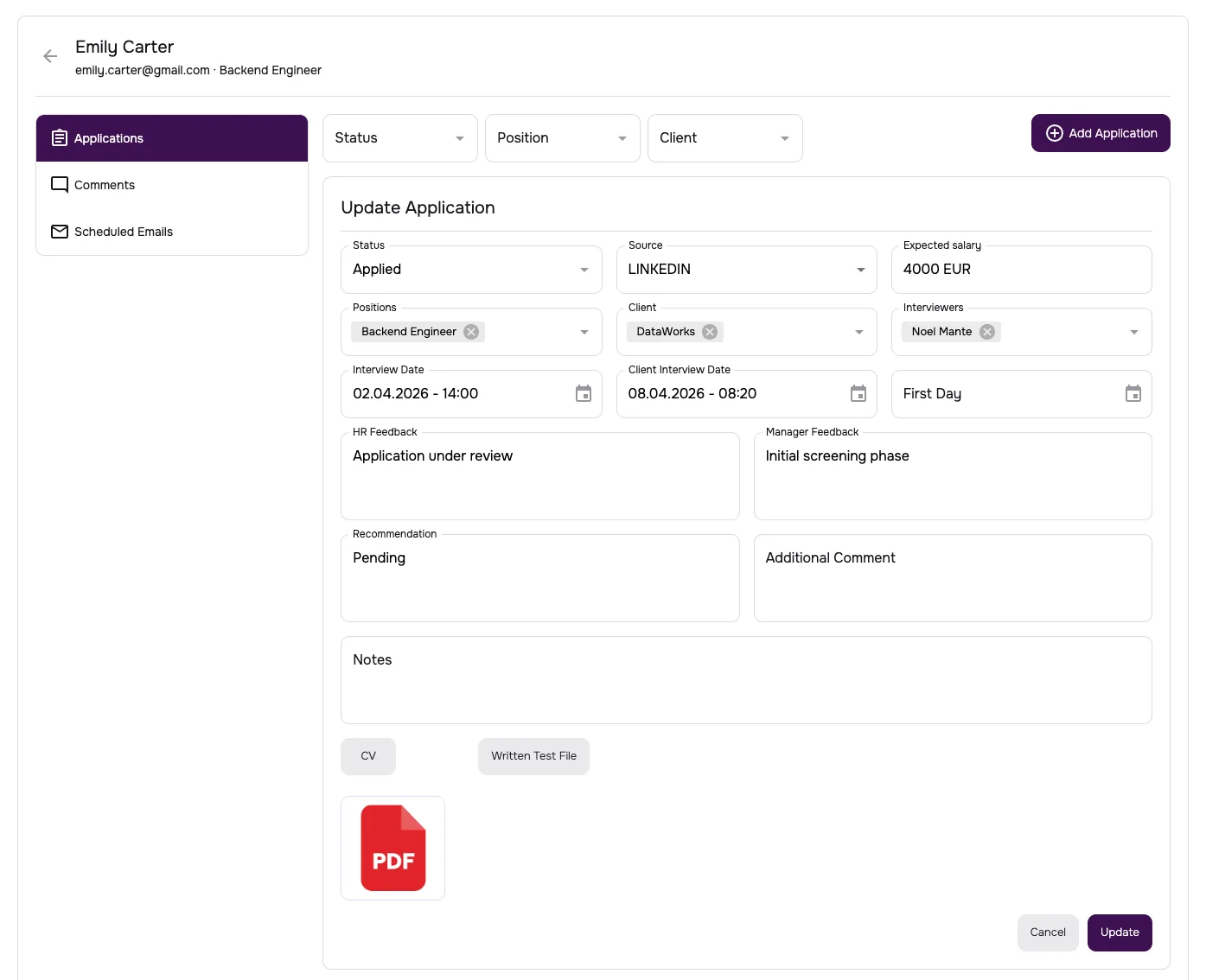 Candidates screen in app