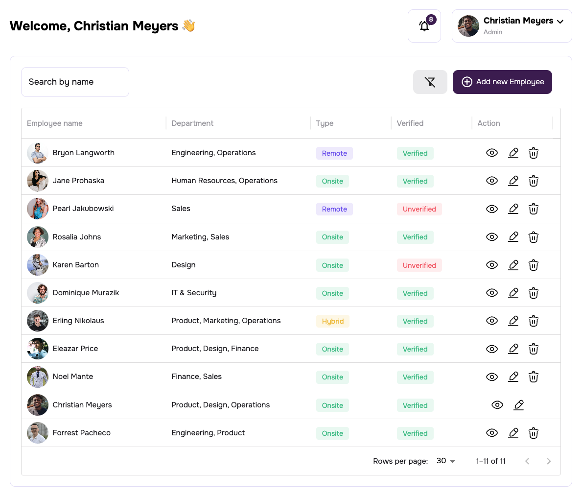 Employees screen in app