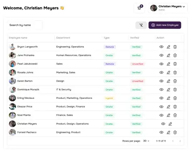 Employees screen in app