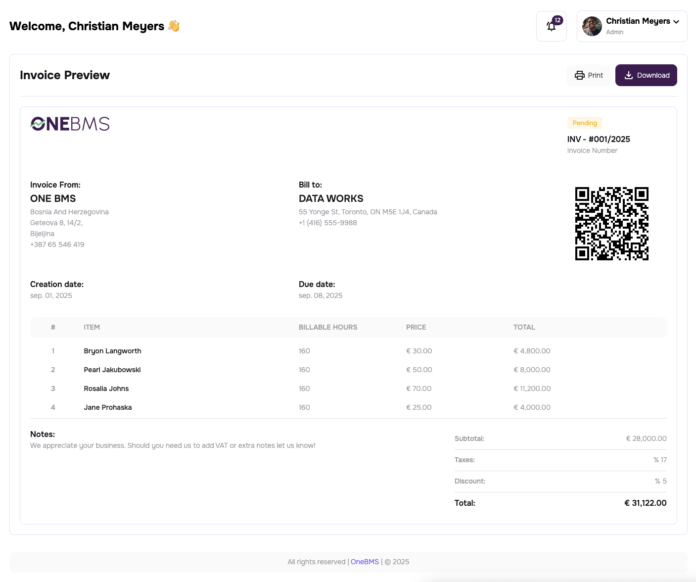 Employees screen in app