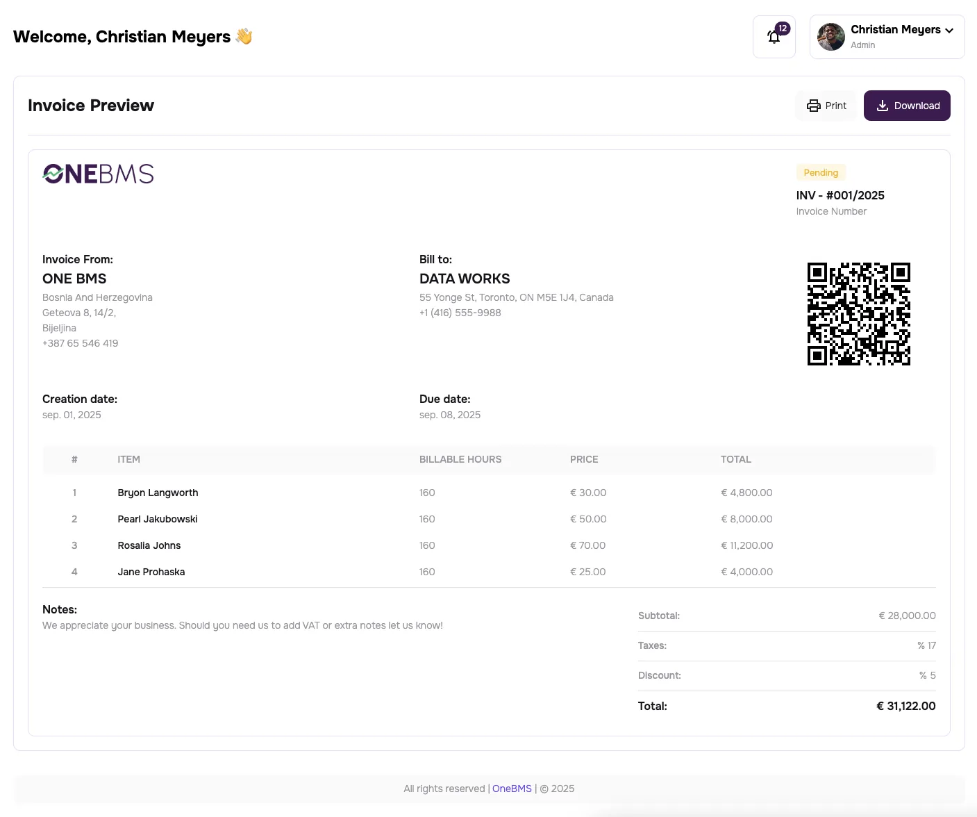 Employees screen in app