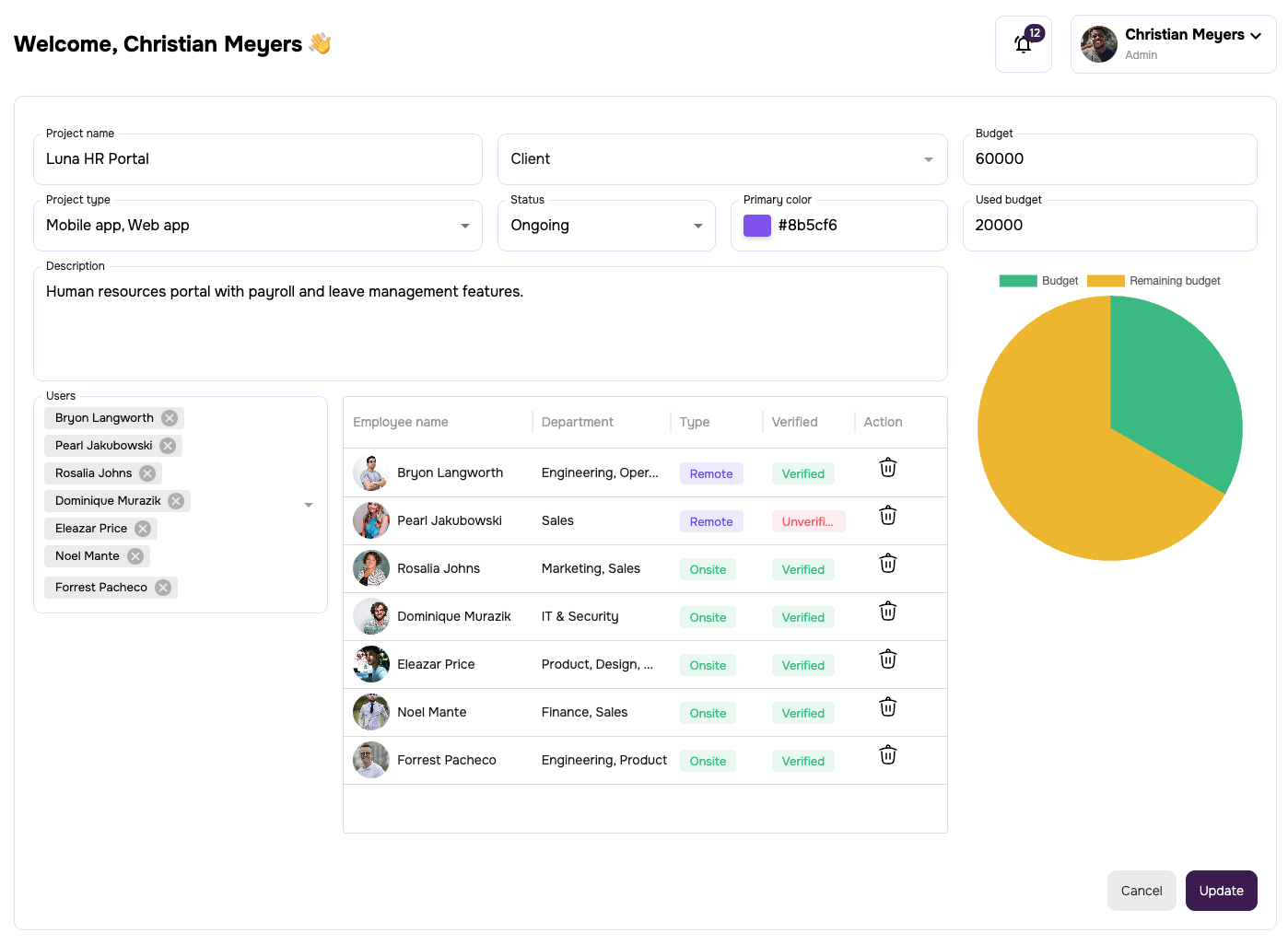 Employees screen in app
