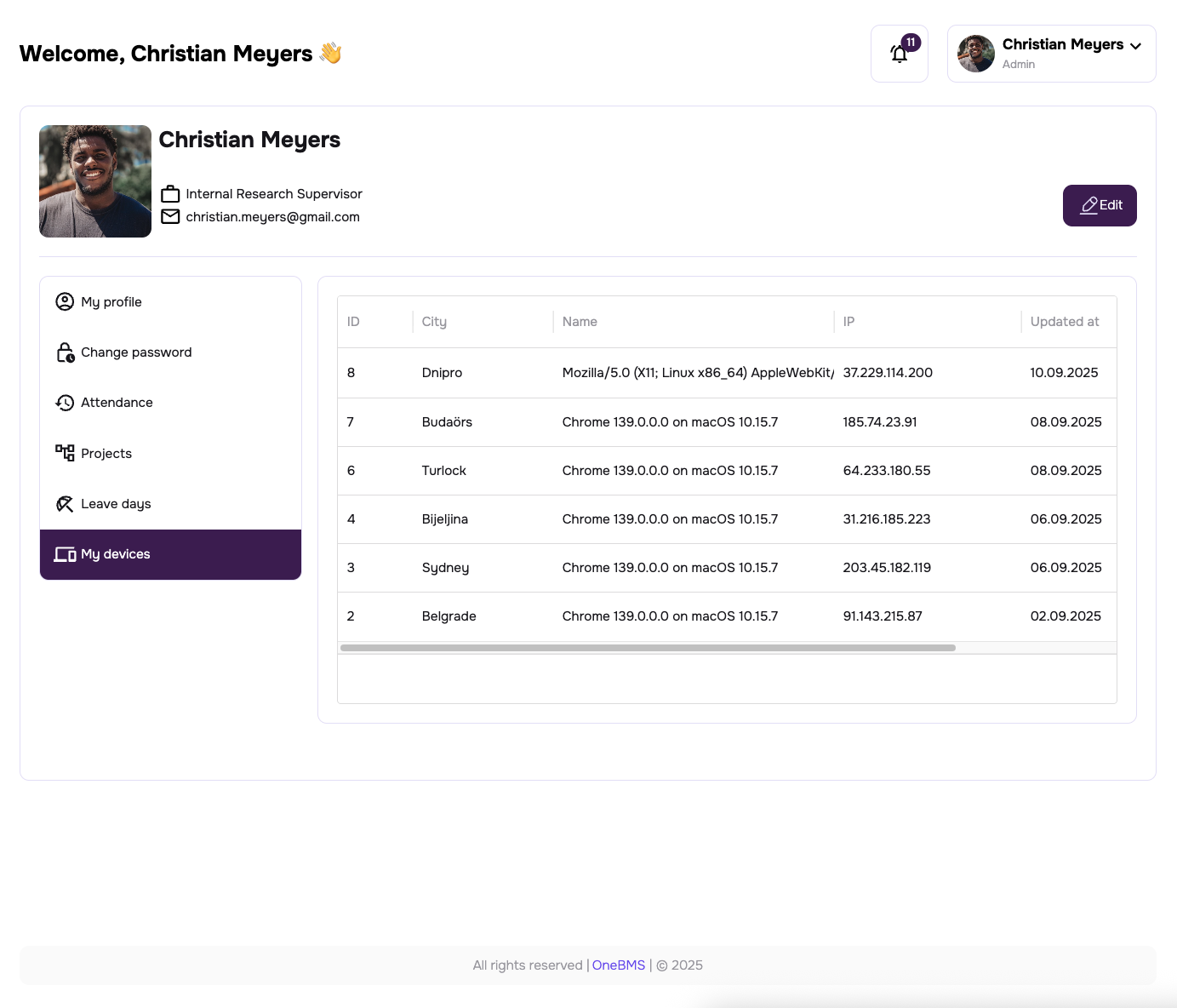 Employees screen in app